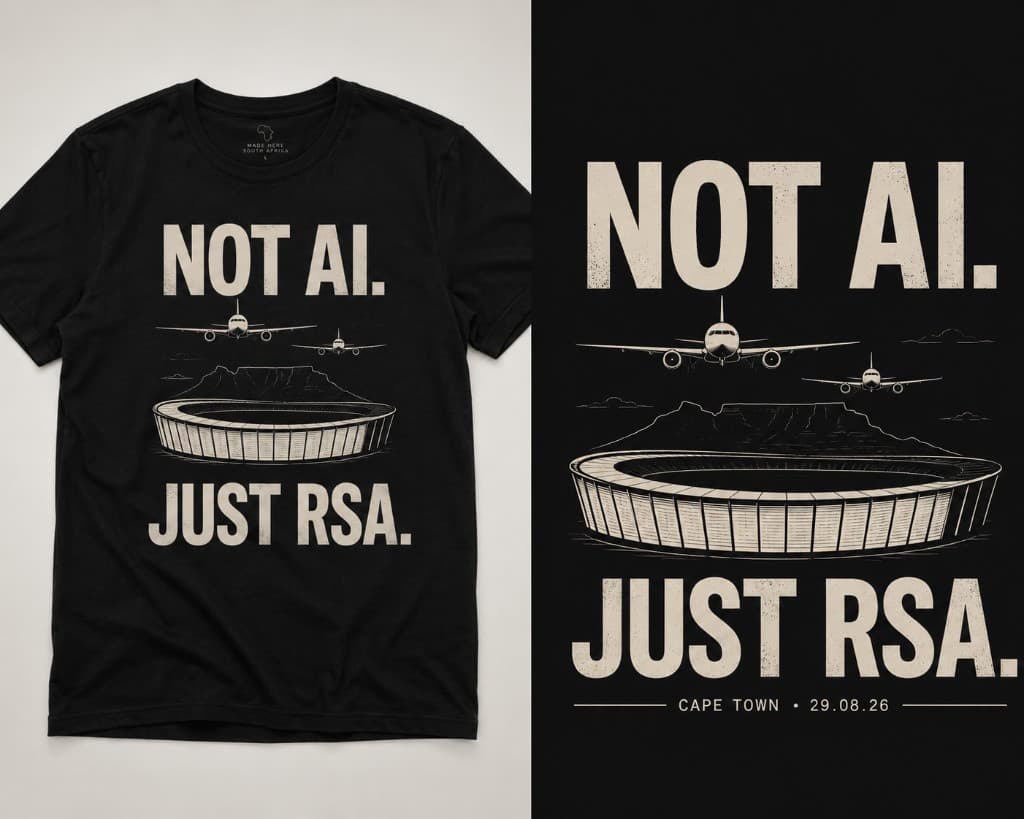 Drop 001 tee mockup: NOT AI. JUST RSA.